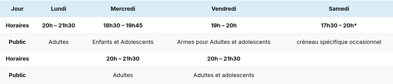 tableau descritif des horaires de pratique hebdomadaire de l'aikido